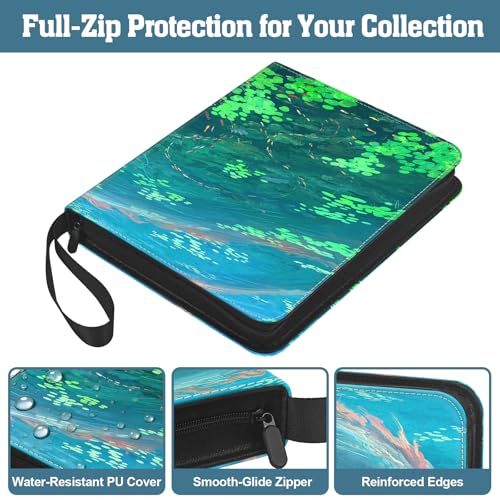 Trading Card Binder, 3-Ring Zippered for Standard 2.5"x3.5" TCG and Sports Cards, 9-Pocket Double-Sided Pages, 50 Sheets/900 Pockets, Acid-Free PVC-Free, PU Cover, Wrist Strap - Lake Art Design - color: Lake Dragon Teal