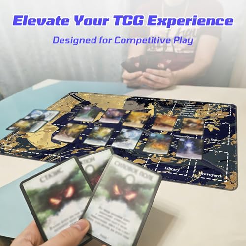 Classical-Style Hero TCG Playmat with Zones, Card Game Playmat for MTG with Battlefield Lands Graveyard Layout, Non-Slip Rubber Base & Stitched Edges & Smooth Surface Style Game Mat 24 x 14 Inch - color: Classical-style Hero, size: Zone 1
