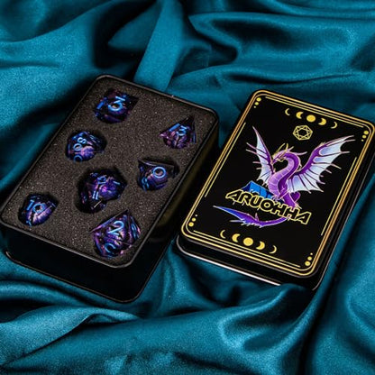 ARUOHHA DND Resin Dice Dragon Eye Dice Liquid Core Purple Sharp Edged Dice Set with Gift Box, Polyhedral D and D Dice Set Compatible with Dungeons Dragons Role Playing Game D20 D12 D10 D8 D6 - color: Ly02-purple