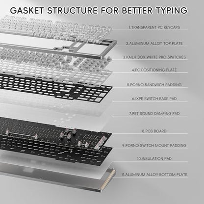 kutethy KY98 Wireless Mechanical Keyboard with Transparent Keycaps,Full Aluminum CNC,Hot-swappable,Pre-lubed Clicky Switches,Gasket Structure,RGB Backlit,BT5.0/2.4G/USB-C Wired (Silver) - color: Silver
