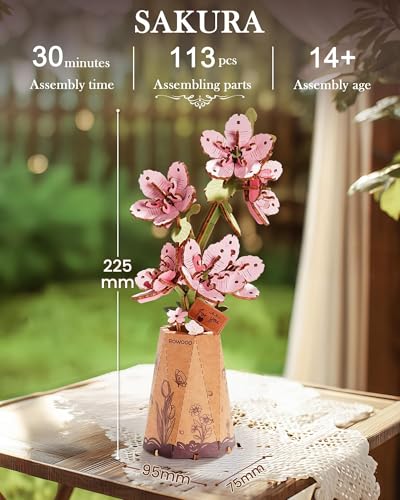 3D Flower Wooden Puzzles for Adults-Sakura, DIY Wooden Flowers Cherry Blossom Building Set Crafts Birthday Gifts, Japan Botanical Collection/Ideal Creative Gift Ideas/Housewarming (113PCS) - style: TW-Sakura