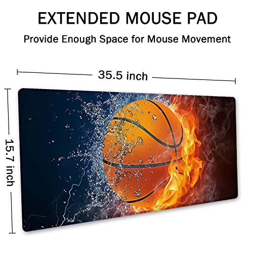 SSOIU Extended Gaming Mouse Pad (35.5x15.7 in), Basketball Ball in Fire and Water Large Non-Slip Rubber Base Mousepad with Stitched Edges, Waterproof Keyboard Mouse Mat Desk Pad for Work, Game, Office - color: Basketball Ball
