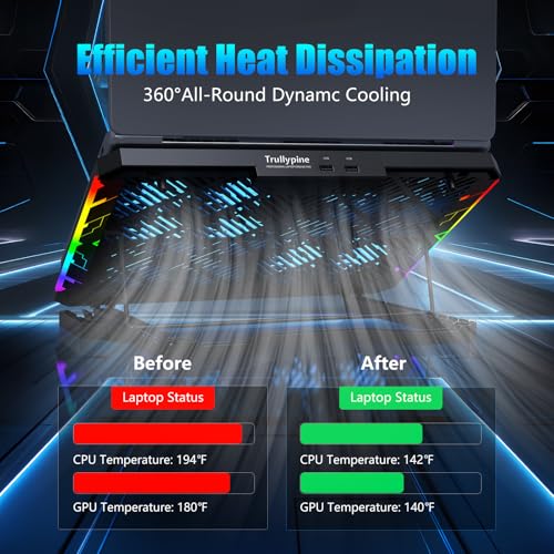 Laptop Cooling Pad with 12 Quiet Fans, Slim Portable for 12-17.3 Inch Laptop Cooler Stand, RGB Lighting, with 5 Height Adjustable, Gaming Cooling Fan Pad,Two USB Ports, Phone Holder (LCD) - size: 12Fan-LCD
