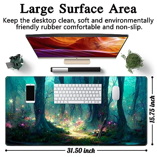 Forest Desk Mat Blue Green Mouse Pad Large Laptop Computer Keyboard Mouse Mat Gaming Mousepad XXL 31.5''X 15.7'' Deskpad Deskmat Cute Desk Pad - color: A Green Forest