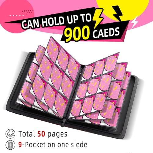 Trading Card Binder 9 Pocket,900 Pocket Card Collection Binder with 50 Removable Sleeves,PU Waterproof Top Card Book,3-Ring Zipper Collectible Trading Card Album for MTG/TCG/Card Holder Gift（Pink） - color: Pink, size: Large
