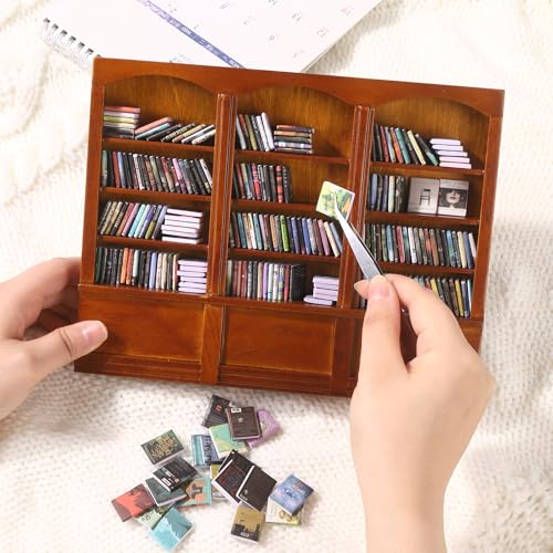 Mini Bookshelf with 240pcs Mini Books Sofa Desk Plant Dollhouse Bookshelf | Tiny Small Bookshelf Dollhouse Decor Shake Away Your Anxiety for Book Lovers Gift Home Room Office - style: Mini Books with Big Bookshelf