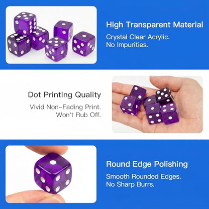 12 Piece 19 mm Casino Style Dice Set, Acrylic Translucent D6 Dice with Square Rounded Edge, Purple for Craps, Table Games, Board Games, RPG, MTG, DND(Purple) - color: Purple