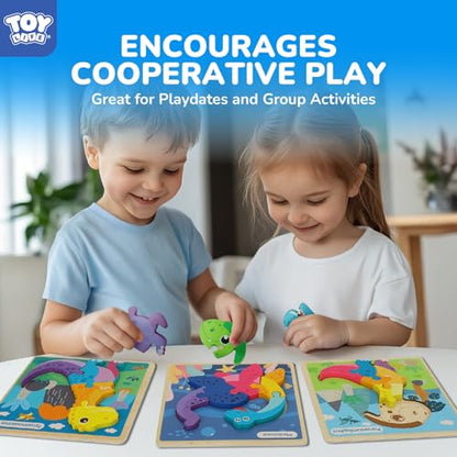 TOY Life 6-Pack Wooden Dinosaur Puzzles for Kids Ages 3-5 | Six colorful designs, easy-grip pieces, fine-motor practice, quiet travel activity, birthday gift - style: 6 Pack