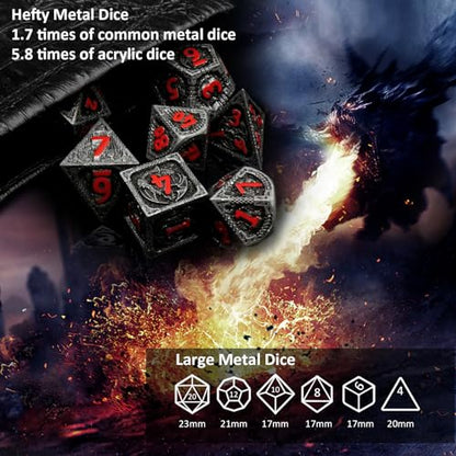 Haxtec Metal DND Dice Set, 7 Pcs Dragon Pattern Polyhedral Dice for RPG | Red Numbers D&D with Leather Bag, Compatible with Dungeons and Dragons, Matte Black Heavy Metallic, Gifts for Table Games - color: Matt Black Red