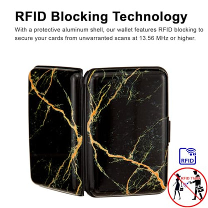 Credit Card Holder Small RFID Blocking Wallet Business Metal Slim Mini Aluminum Hard Case for Women Men - color: Gold Marble Texture