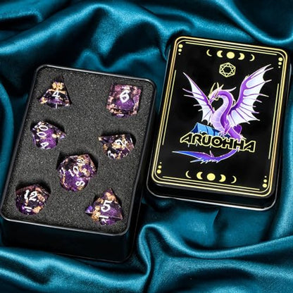 ARUOHHA Liquid Core DND Dice Set, 7pcs Resin Sharp Edged Dragons Dice RPG Role Playing Games, Silver Numbers Purple Dungeons Polyhedral Dice with Gift Box D20 D12 D10 D8 D6 D4 - color: Silver Purple