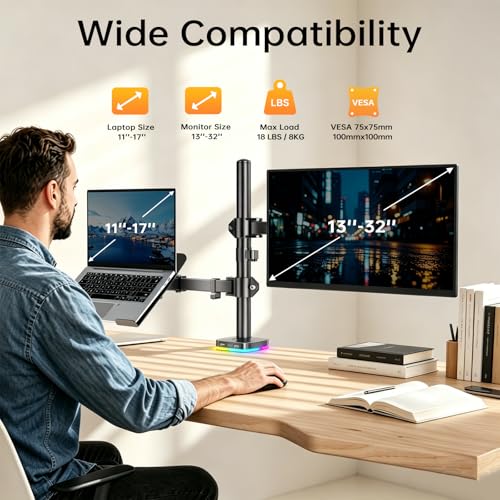 Afaloona RGB Monitor & Laptop Stand with USB Hub, Charging & Data Transfer | Fits 13-32" monitors and 11-17" laptops with a removable tray that converts to a dual monitor mount, up to 18 lb per arm - size: RGB Laptop & Monitor Stand