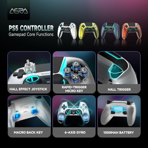 ASRVA Chrome Silver Wireless Pro Controller for PS5 4 Back Buttons,Hall Effect No-Drift Joystick,Micro-Switch ABXY,6-Axis Gyro,Macro,1000mAh Battery,RGB,Compatible with PS5/PC/Mobile - color: Chrome Silver
