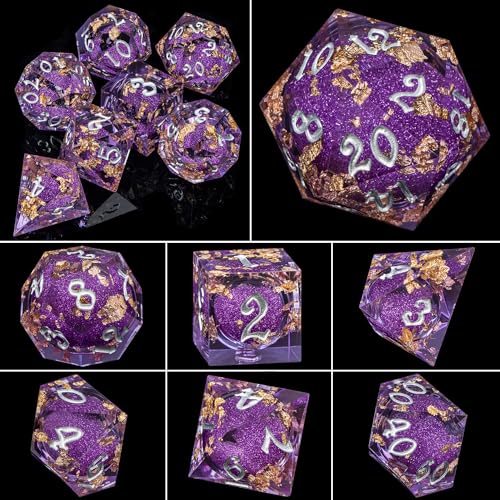 ARUOHHA Liquid Core DND Dice Set, 7pcs Resin Sharp Edged Dragons Dice RPG Role Playing Games, Silver Numbers Purple Dungeons Polyhedral Dice with Gift Box D20 D12 D10 D8 D6 D4 - color: Silver Purple
