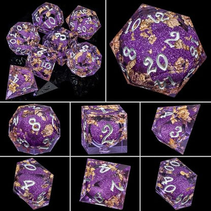 ARUOHHA Liquid Core DND Dice Set, 7pcs Resin Sharp Edged Dragons Dice RPG Role Playing Games, Silver Numbers Purple Dungeons Polyhedral Dice with Gift Box D20 D12 D10 D8 D6 D4 - color: Silver Purple