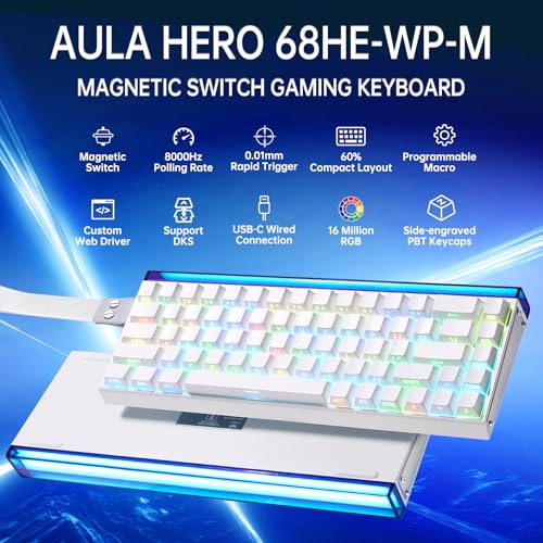 Aula Hero 68 HE 60% Gaming Keyboard Wired, Hall Effect Magnetic Switch Keyboard with Adjustable Actuation, Fast Trigger Mode, 8K Hz Polling Rate, 0.125ms Latency - color: White Pluto