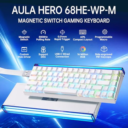 Aula Hero 68 HE 60% Gaming Keyboard Wired, Hall Effect Magnetic Switch Keyboard with Adjustable Actuation, Fast Trigger Mode, 8K Hz Polling Rate, 0.125ms Latency - color: White Pluto