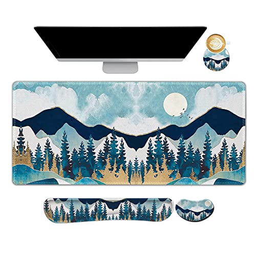 ARTSO Large Gaming Mouse Pad Set, Keyboard Wrist Rest Support + Mouse Wrist Cushion + Extended Mousepad + Coaster, 35x15.5in Multifunctional Desk Mat, Abstract Mountain - color: Abstract Mountain