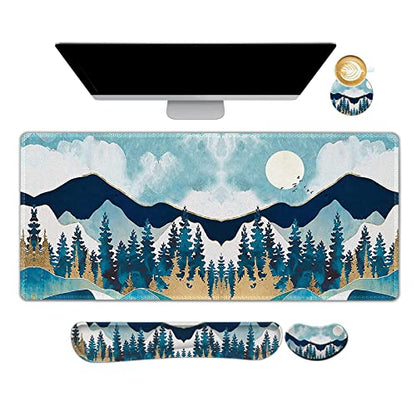 ARTSO Large Gaming Mouse Pad Set, Keyboard Wrist Rest Support + Mouse Wrist Cushion + Extended Mousepad + Coaster, 35x15.5in Multifunctional Desk Mat, Abstract Mountain - color: Abstract Mountain