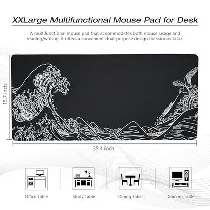 Large Gaming Mouse Pad for Desk,Kanagawa XXL Mouse Pad 35.4x15.7 Inch,Waterproof Desk Pad,Non-Slip Rubber Base Mice Pad,Keyboard Pad Computer Mat,Black Mouse pad - color: Kanagawa(black)