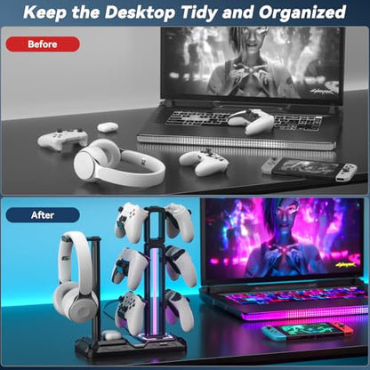 KDD RGB Multi-Controller Holder with 9 Light Modes - Rotatable Universal Headphone Hanger - Controller Stand with 6 Detachable Hooks for Desktop Gamer Accessories