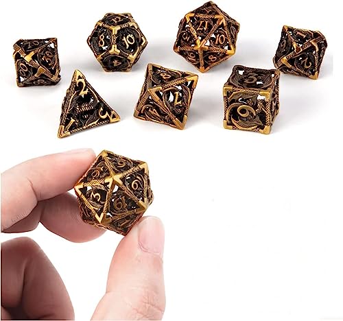 DND Dice,Hollow D&D Metal Dice,Dungeons and Dragons Dice Set with Gift Box,7 PCs Steampunk Polyhedral Dice Games Set for RPG,MTG,Pathfinder,(Dragon Ancient Golden) - color: Dragon Ancient Golden