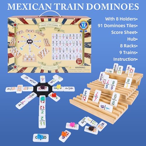 Mexican Train Dominoes Set Double 12 with Numbers, Dominoes Set for Adults and Family, Mexican Train Double 12 Numbers Dominos Set - 91 Tiles, 9 Trains, 8PCS Wooden Holders, Hub, Instruction - color: D12 Numbers 8 Holders