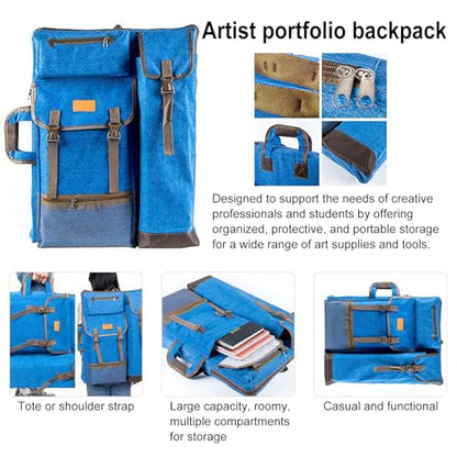 TRANSON Art Portfolio Case Artist Backpack Canvas Bag Large 26” x 19.5” - color: Blue