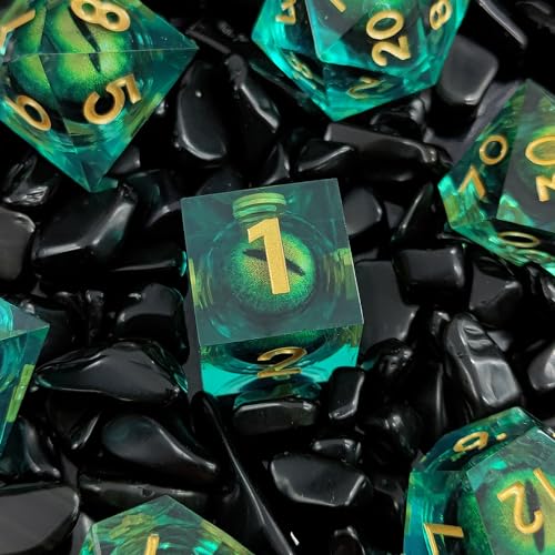 Dragon Eye DND Dice Set, 7 Pcs Liquid Core Resin Sharp Edged Polyhedral D&D Dice for Dungeons and Dragons RPG Role Playing Table Games