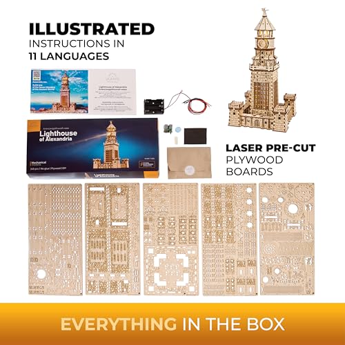 UGEARS Lighthouse of Alexandria 3D Wooden Puzzle for Adults – Wooden Model Kit with LED Night Light, DIY Building Hobby Set, Ancient World Landmark, Home Decor, Brain Teaser, Creative - style: Lighthouse of Alexandria