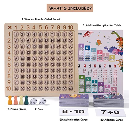 2 in 1 Multiplication Addition Math Board Game for Kids - Wooden Montessori Math Toys for Girls Boys 4 5 6 7 8 9 Years Old Wood Double Sided Board Table Dice Card Games for Family