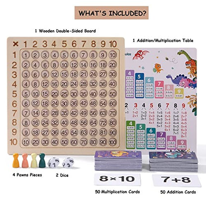 2 in 1 Multiplication Addition Math Board Game for Kids - Wooden Montessori Math Toys for Girls Boys 4 5 6 7 8 9 Years Old Wood Double Sided Board Table Dice Card Games for Family