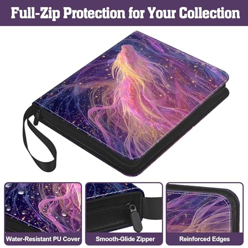 Trading Card Binder 900 Capacity, 50 Double-Sided 9-Pocket Top-Loading, 3-Ring TCG Album for 2.5 x 3.5 Cards, Acid Free PVC Free, Water-Resistant PU with Wrist Strap - Nebula Dragon Design - color: Nebula Dragon