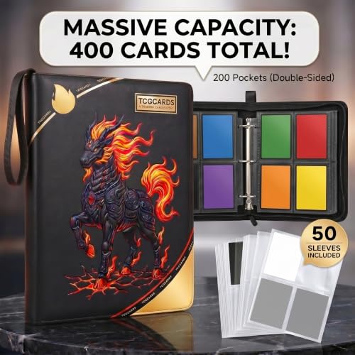 Trading Card Binder 4 Pocket,50 Removable Sleeves Can Hold 400 Cards,Pu Material and Waterproof,3-Ring Zip Design for MTG/TCG/Sport Collectible Trading Card Albums (Flame Dragon Phoenix)
