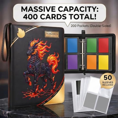 Trading Card Binder 4 Pocket,50 Removable Sleeves Can Hold 400 Cards,Pu Material and Waterproof,3-Ring Zip Design for MTG/TCG/Sport Collectible Trading Card Albums (Flame Dragon Phoenix)