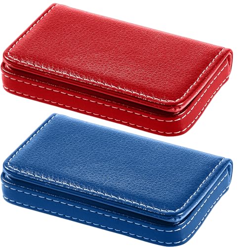 Outus 2 Pcs Business Card Holder, PU Leather Business Card Case Pocket Wallet with Magnetic Shut for Christmas Gift Adult(Blue and Red) - color: Blue and Red