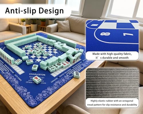 Mahjong Mat with Rules,Neoprene Noise Dampening Mat | Includes 3 Dice & Carry Bag with Rules & Instructions (Blue)