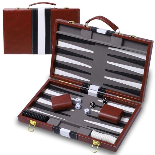 Backgammon Sets for Adults, 15 inch Backgammon Brown Sets Classic Board Game with Premium Leather Case, Portable Travels Strategy Backgammon Game Set for Adults, Kids (Brown) - color: Brown