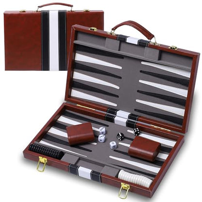 Backgammon Sets for Adults, 15 inch Backgammon Brown Sets Classic Board Game with Premium Leather Case, Portable Travels Strategy Backgammon Game Set for Adults, Kids (Brown) - color: Brown