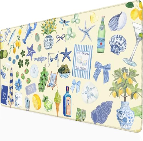 Cute Pastel Coastal Desk Mat with Vibrant Sea Life Beige Large Mouse Pad Cozy Aesthetic XXL Mouse Pad Anti-Slip Big Mousepad with Stitched Edges for Computer Desktop - color: A5- Italian Seaside