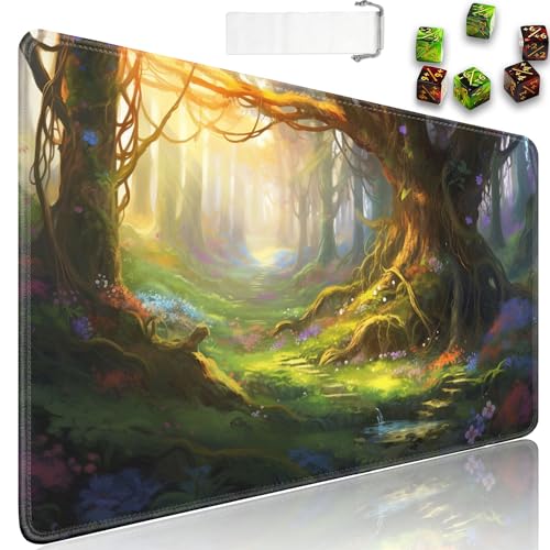 JVGFYNKL MTG Playmat + Drawstring Travel Pouch + 6 Dice Counter, for Tabletop Trading Card Game Playmats or Large Mouse Pad, Anti-Slip Rubber 24 x 14 in, Enchanted Forest TCG Playmat - color: JV-Playmat-1-F-155