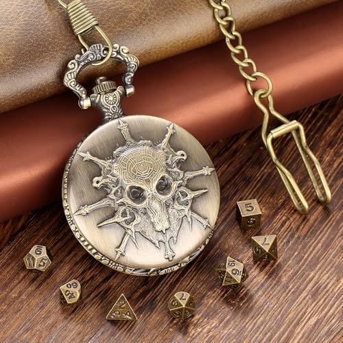 Mini DND Dice Set Steampunk Warlock Pocket Watch Shell Case, 7pcs Polyhedral Metal D&D Dice Set, DND Gifts with Gift Box for Gamer, Role Playing Board Games Accessories, Bronze - color: Warlock