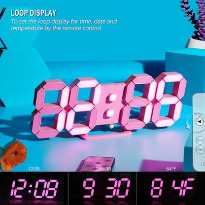 KOSUMOSU Pink LED Clock 3D Wall Clock 9.7" Table Clock for Living Room Modern Digital Clock for Bedroom Aesthetic Bedside Desk Clock with Remote/Dimming/12/24H/Temp/Alarm Clock/Date - color: 9.7in Pink Clock-pink Light