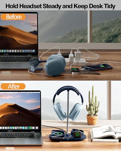 HiWe Headphone Stand, 2-in-1 MagSafe Wireless Charger for iPhone/iWatch | Headset Holder for All Headphones, Aluminum Alloy Bar, ABS Solid Base, PU Headrest, Table Desk Organizer - color: Blue