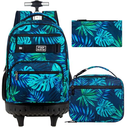 3Pcs Rolling Backpack for Boys Men, Travel Roller Backpacks with Wheels for Adults, Teens College Leaf Wheeled Bookbag with Lunch Box(Green) - color: Green Leaf