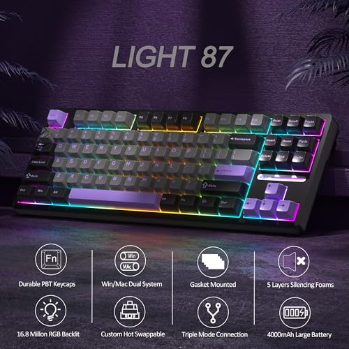 MageGee LIGHT87 Wireless Creamy Keyboard, Gasket Structure Hot Swappable Mechanical Keyboards, 2.4G/USB-C/BT5.0 RGB Backlit Gaming Keyboard for Win/Mac/PC, 4000mAh Battery, PBT Keycaps, Purple - color: Black Purple/Blue Whale Switch