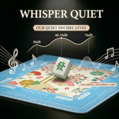 Blue Mahjong Mat for Table, American Mahjong Table Mat with Rules & Bag, Mahjong Gifts, Non-Slip Neoprene Travel Mahjongs Tables Cloth for Poker, Board Card Games, 32.4x32.4 Inch(Chinoiserie)