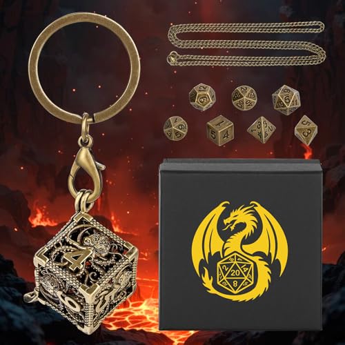Keller & Weber Mini DND Dice Set with Hollow Six-Sided Octopus Metal Case Portable Keychain Necklace, Tiny 7pcs Polyhedral D&D Dice Set, DND Gifts with Gift Box, D&D Accessories for RPG, Bronze