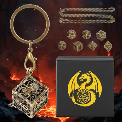 Keller & Weber Mini DND Dice Set with Hollow Six-Sided Octopus Metal Case Portable Keychain Necklace, Tiny 7pcs Polyhedral D&D Dice Set, DND Gifts with Gift Box, D&D Accessories for RPG, Bronze
