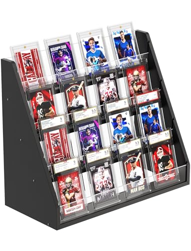 NiHome Trading Card Display Stand, 4-Tier Wood Acrylic for Graded PSA Slabs | Stackable Space-Saving Organizer Holds Up to 20 Toploaders or 16 Cases with Protective Clear Dividers